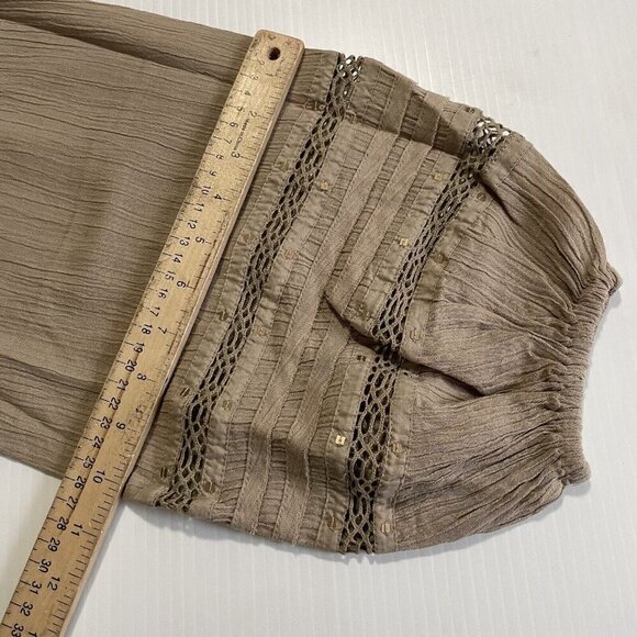 Free People Summer Stars Puffy-Sleeve Button Down Crochet Trim Top XS Brown - Picture 9 of 16